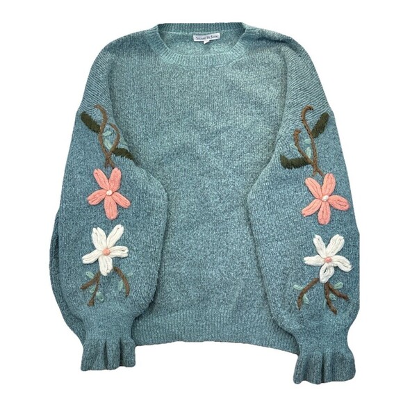 Sweaters - See And Be Seen Green Embroidered Floral Sweater Women's L Ruffle Cuff Pullover